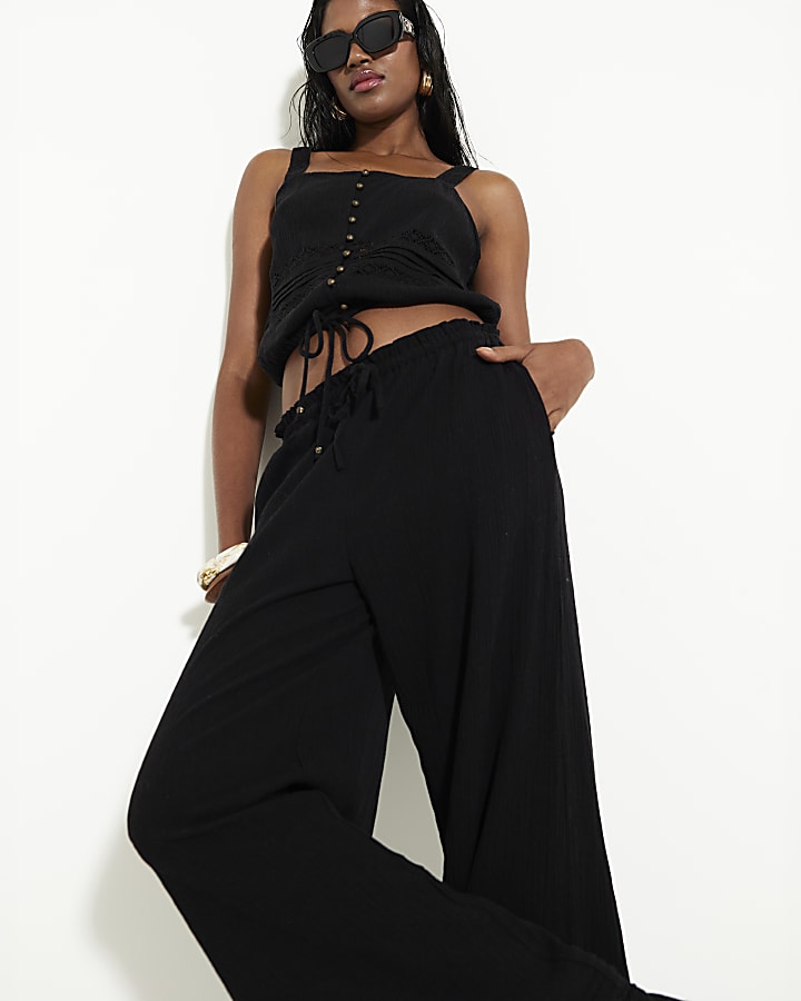 Black Crinkle Wide Leg Trousers