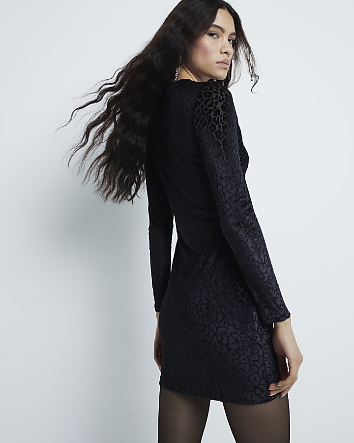 Black Leopard Devore Cutout Mini Dress