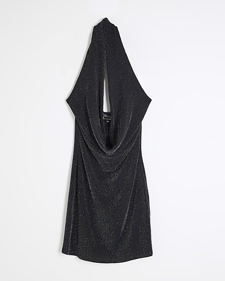 Black Sleeveless Cowl Glitter Mini Dress