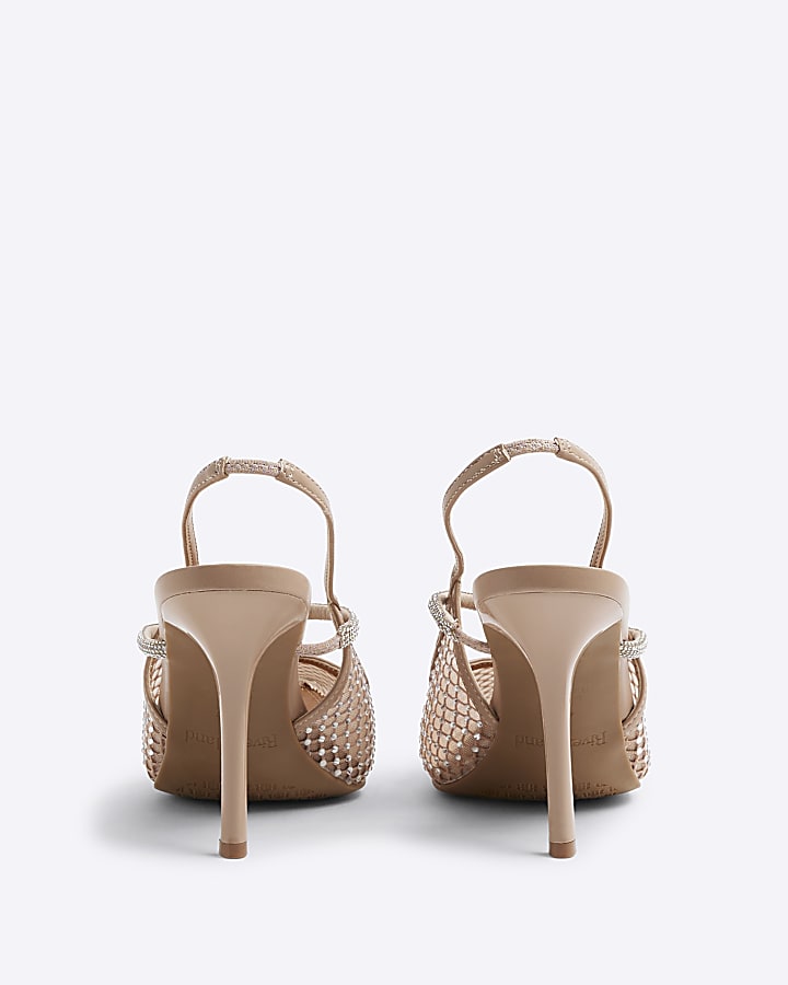 Beige Mesh Diamante Sling Back Court Shoes