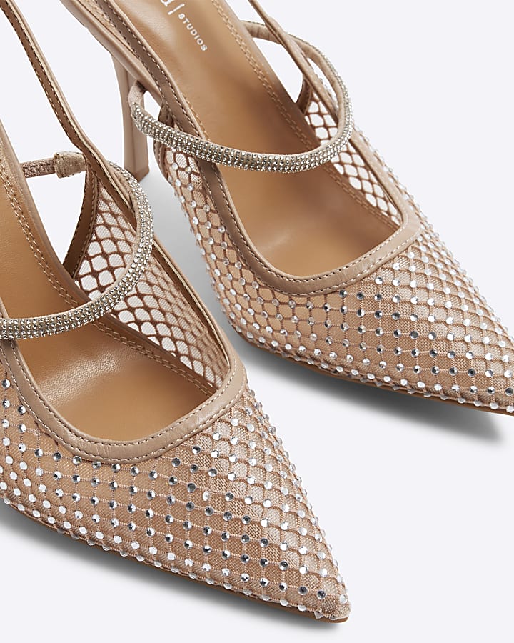 Beige Mesh Diamante Sling Back Court Shoes