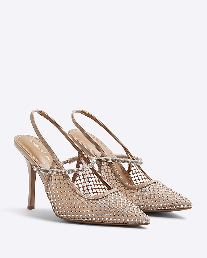 Beige Mesh Diamante Sling Back Court Shoes