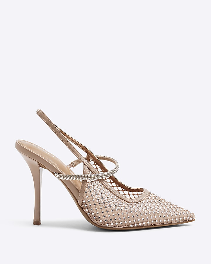 Beige Mesh Diamante Sling Back Court Shoes