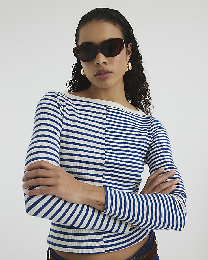 Blue Long Sleeve Striped T-Shirt