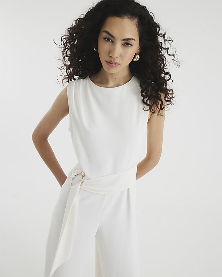 White Sleeveless Belted Jumpsuit