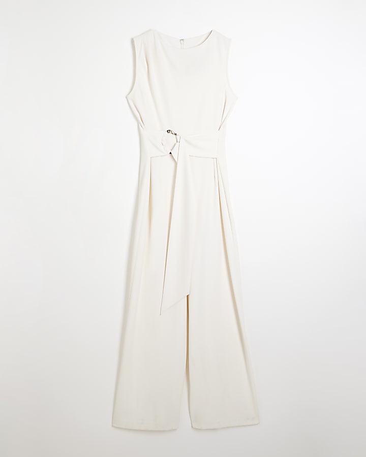 White Sleeveless Belted Jumpsuit