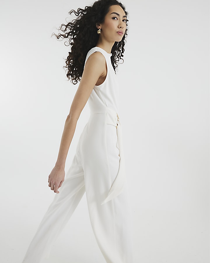 White Sleeveless Belted Jumpsuit