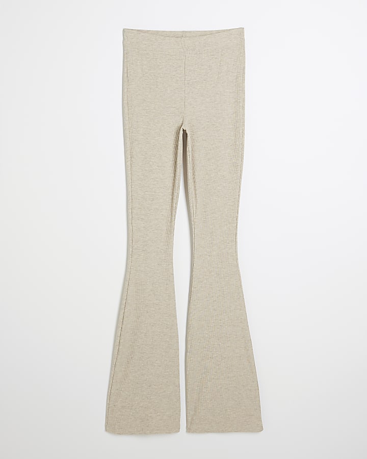 Beige Ribbed Flared Trousers