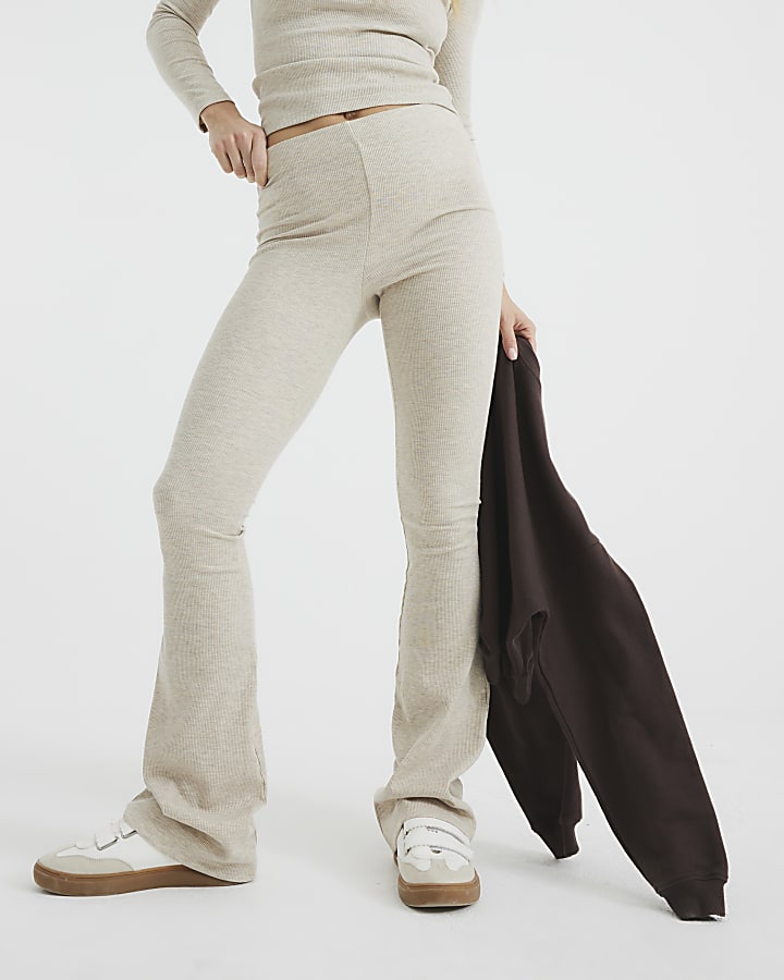 Beige Ribbed Flared Trousers