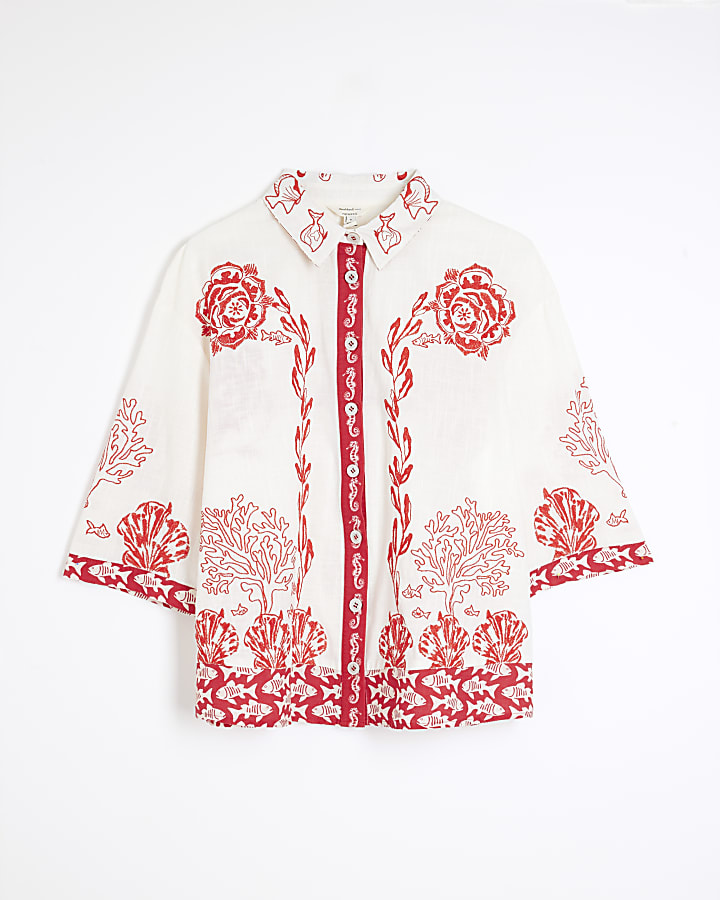 Red Short Sleeve Shell Print Shirt