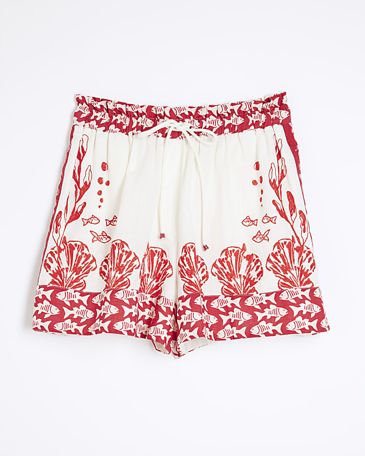 Red Shell Print Tie Waisted Shorts