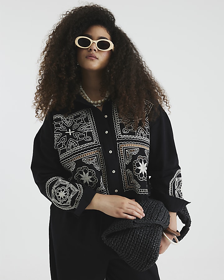 Black Long Sleeve Broderie Patchwork Shirt