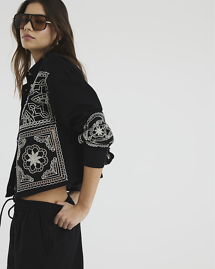 Black Long Sleeve Broderie Patchwork Shirt