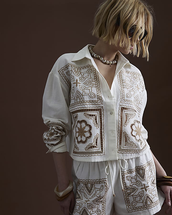 Cream Linen Blend Broderie Patchwork Shirt