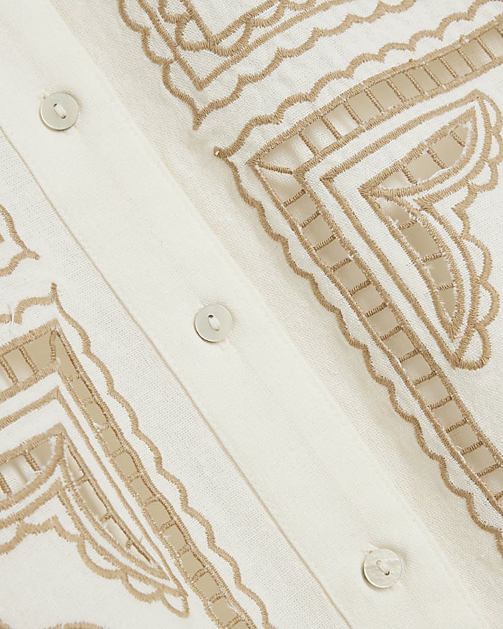Cream Linen Blend Broderie Patchwork Shirt