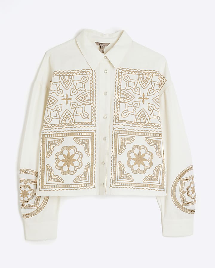 Cream Linen Blend Broderie Patchwork Shirt