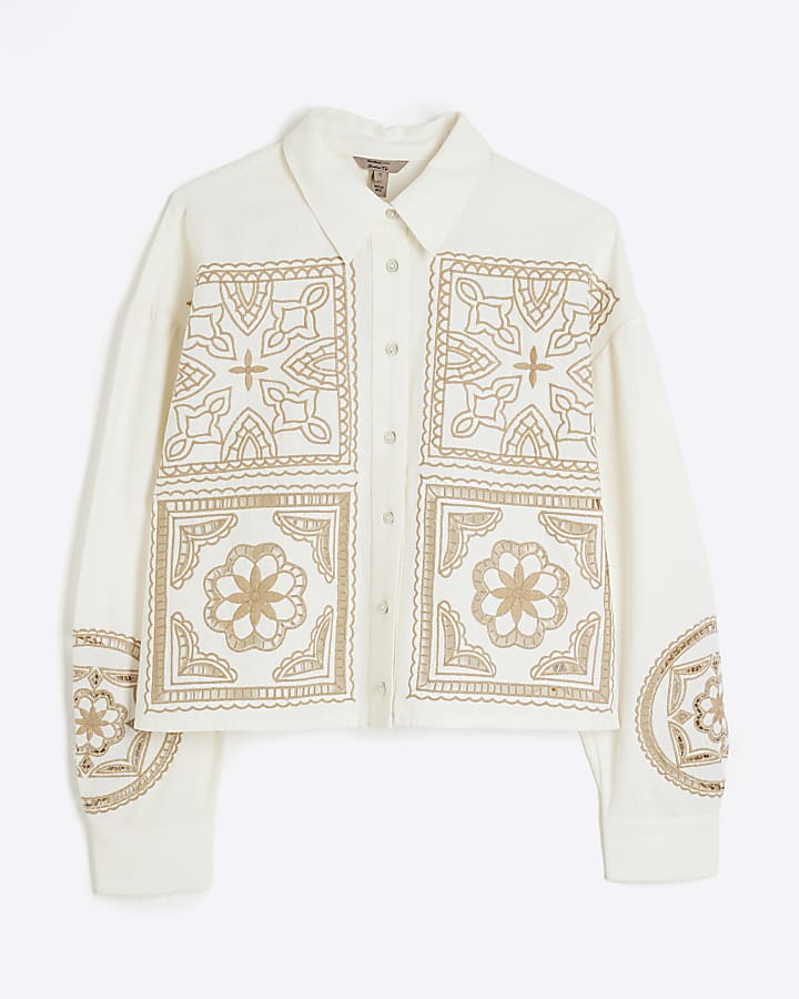 Cream Long Sleeve Broderie Patchwork Shirt