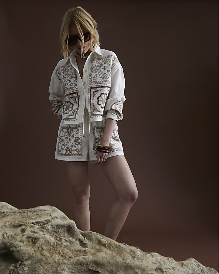 Cream Linen Blend Broderie Patchwork Shirt