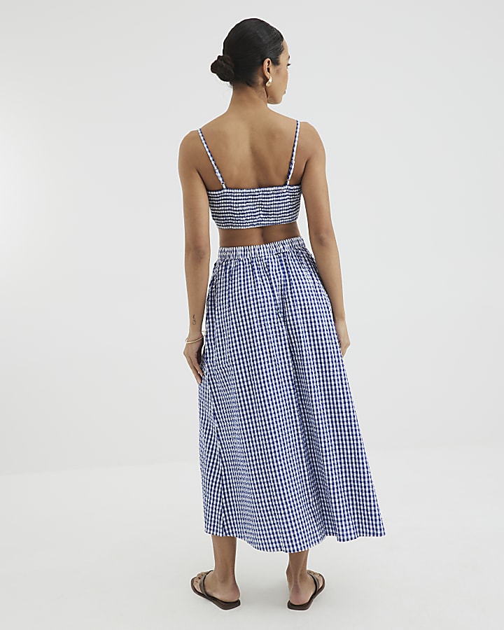 Blue Gingham A-line Midi Skirt