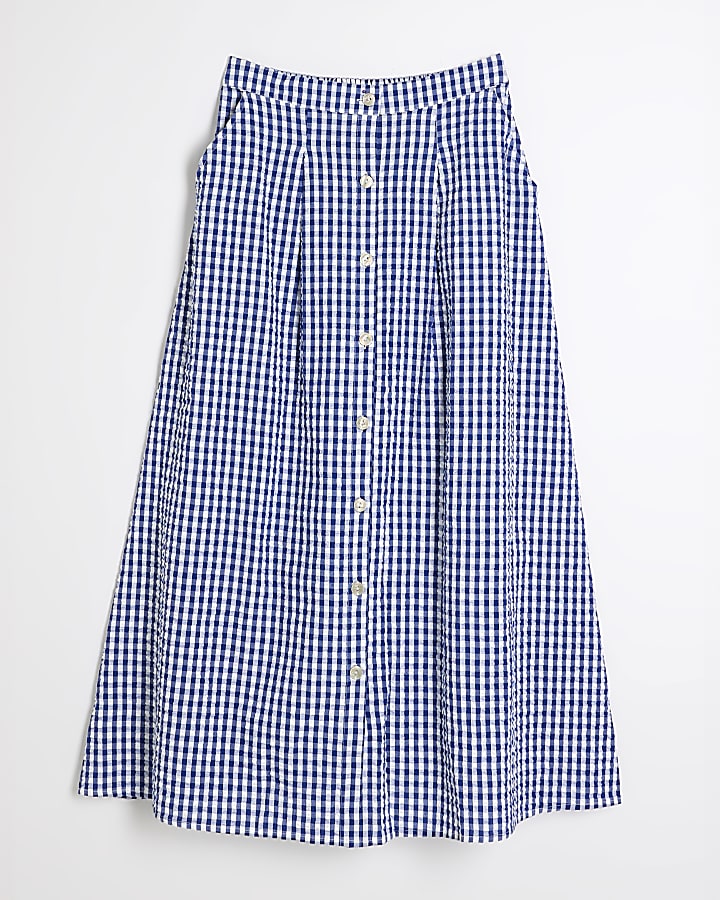 Blue Gingham A-line Midi Skirt