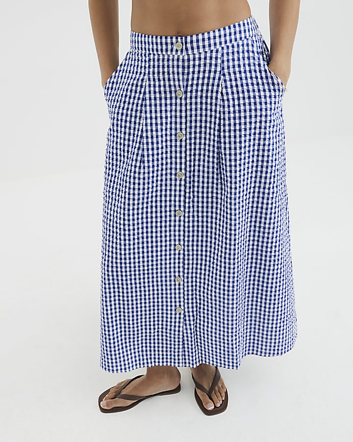 Blue Gingham A-line Midi Skirt