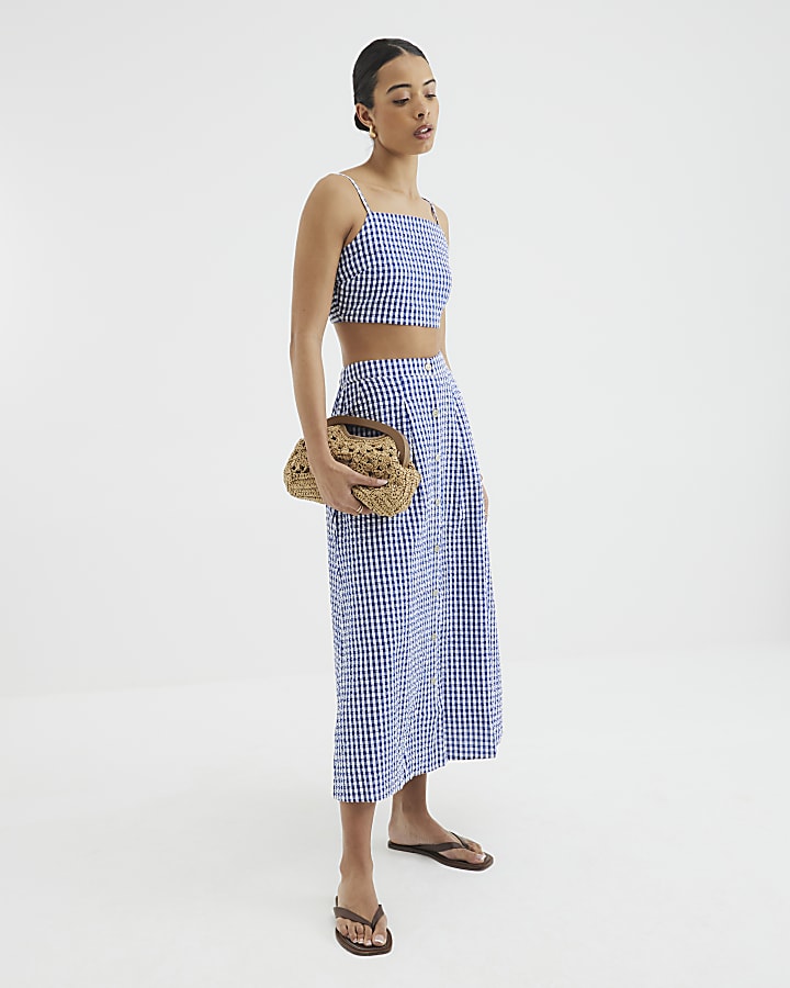 Blue Gingham A-line Midi Skirt