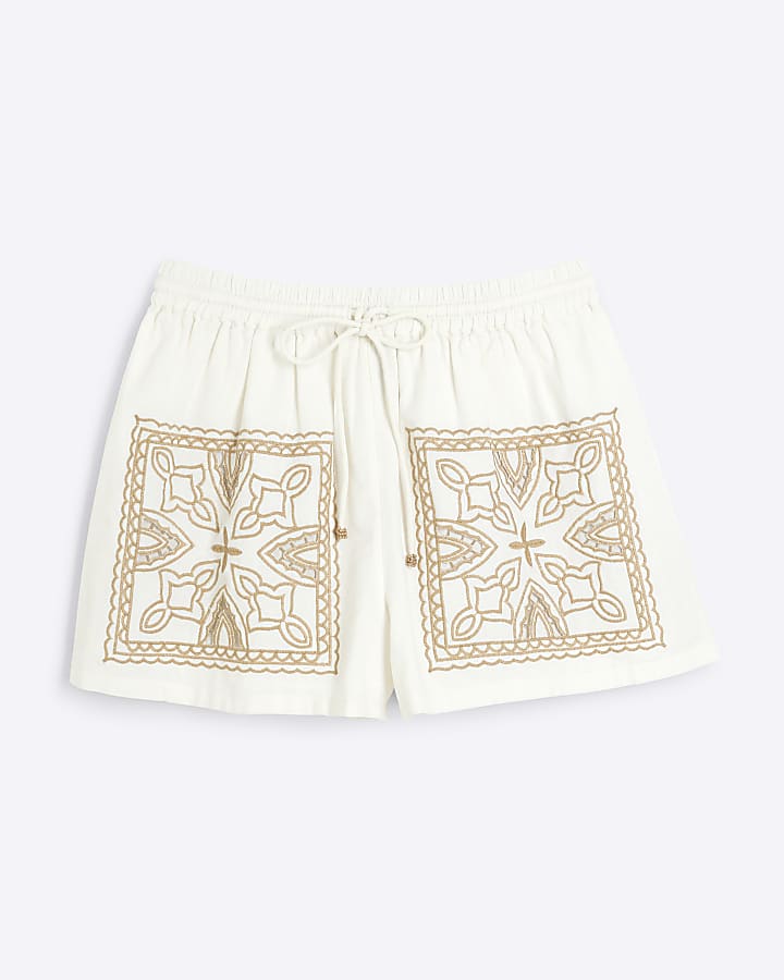 Cream Linen Blend Broderie Patchwork Shorts