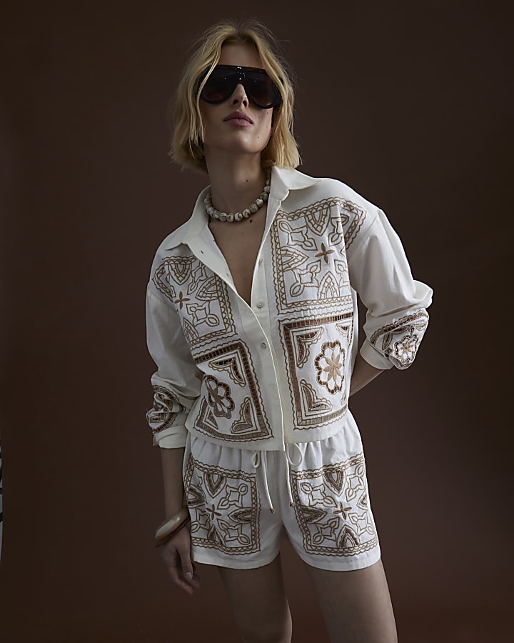 Cream Linen Blend Broderie Patchwork Shorts