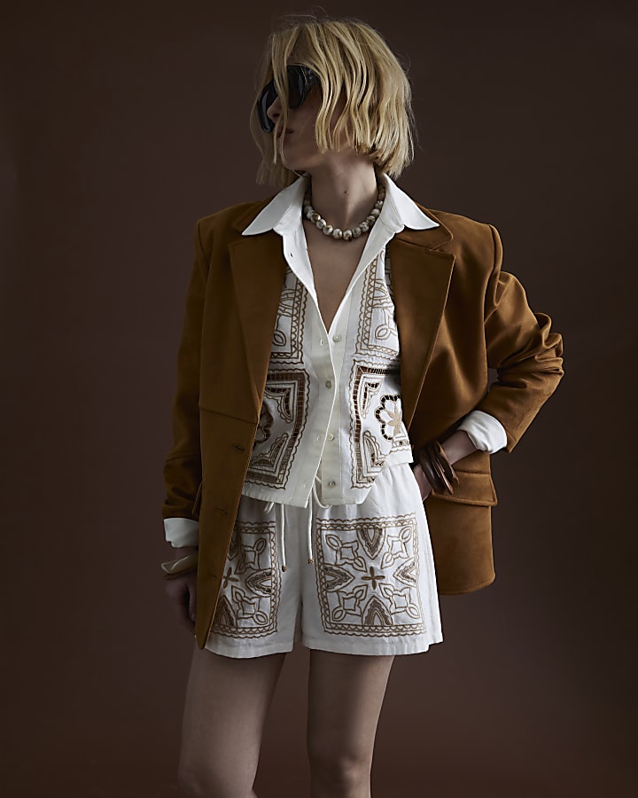Cream Linen Blend Broderie Patchwork Shorts