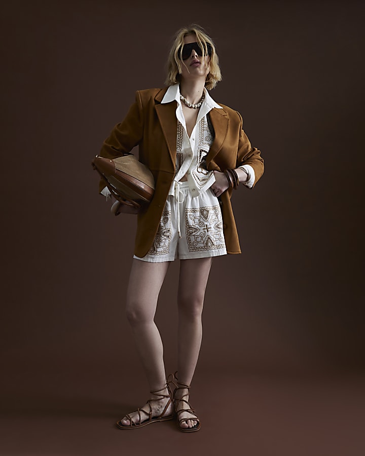 Cream Linen Blend Broderie Patchwork Shorts