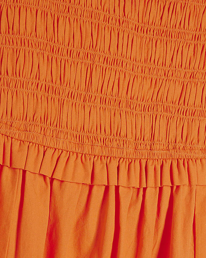 Orange Shirred Midi Dress