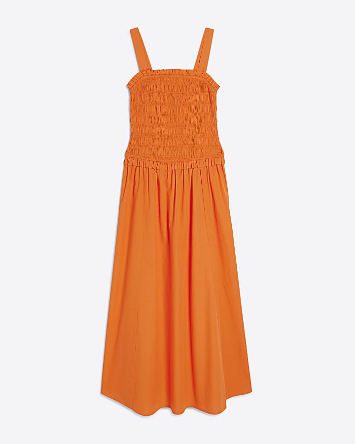 Orange Shirred Midi Dress