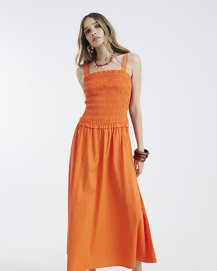 Orange Shirred Midi Dress