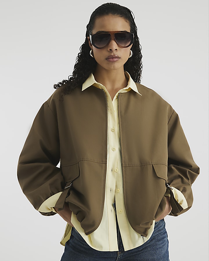 Beige Utility Collarless Bomber Jacket