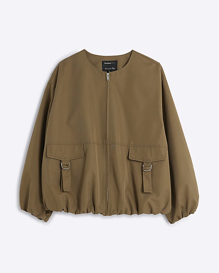 Beige Utility Collarless Bomber Jacket