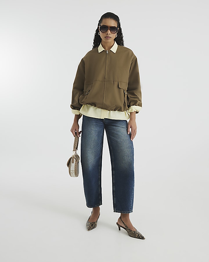 Beige Utility Collarless Bomber Jacket