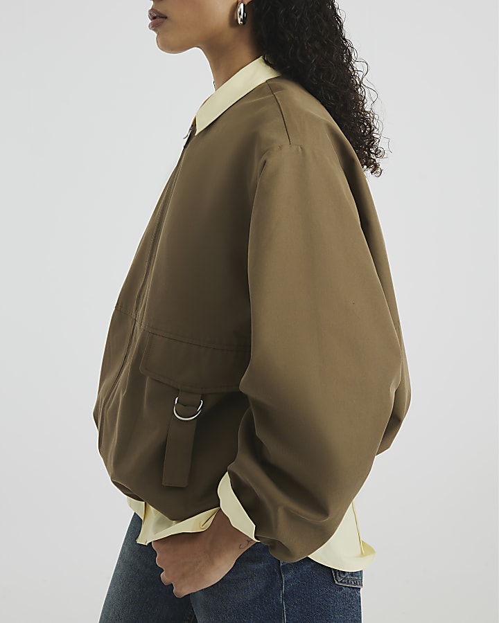 Beige Utility Collarless Bomber Jacket