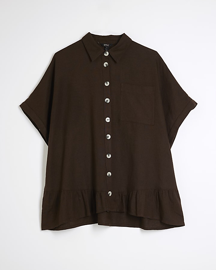 Brown Linen Blend Frill Short Sleeve Shirt