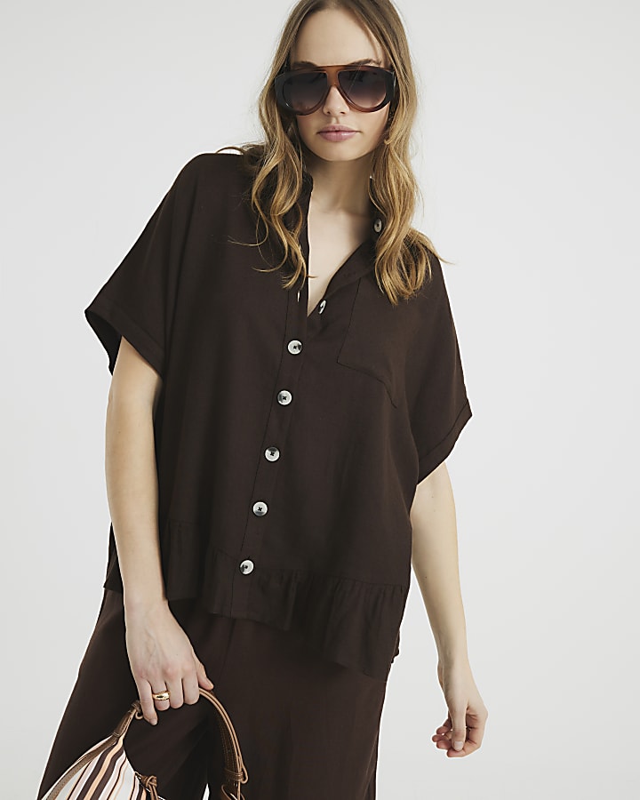 Brown Linen Blend Frill Short Sleeve Shirt