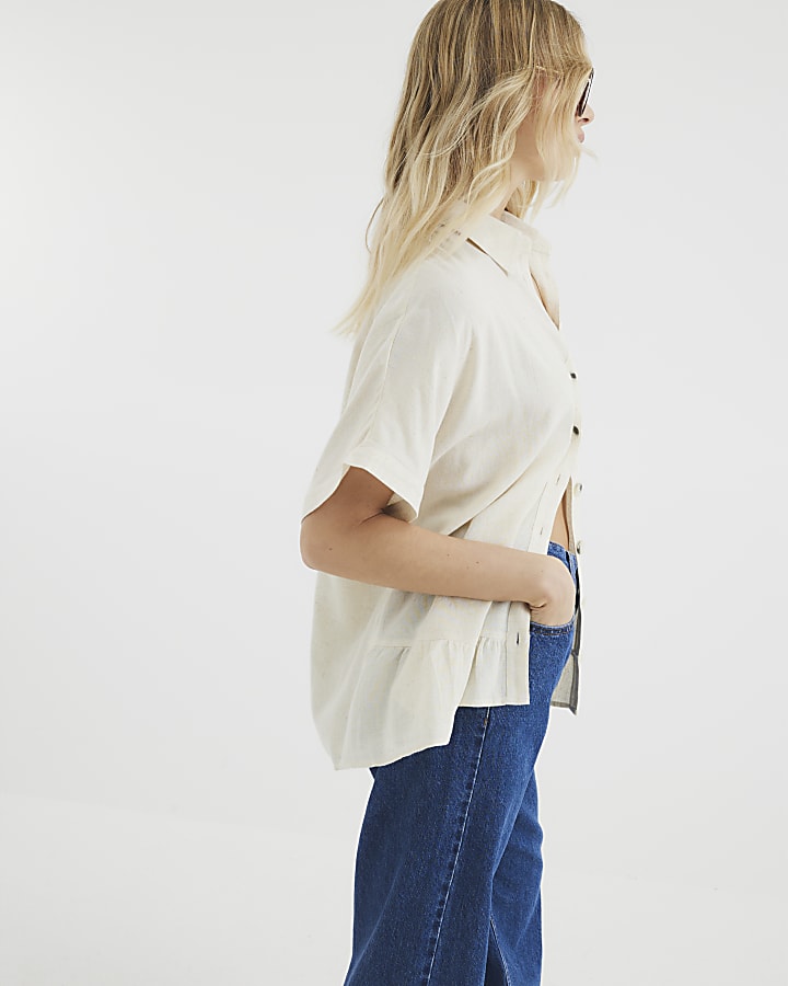 Stone Linen Blend Frill Hem Shirt