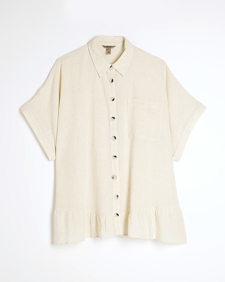 Stone Linen Blend Frill Hem Shirt