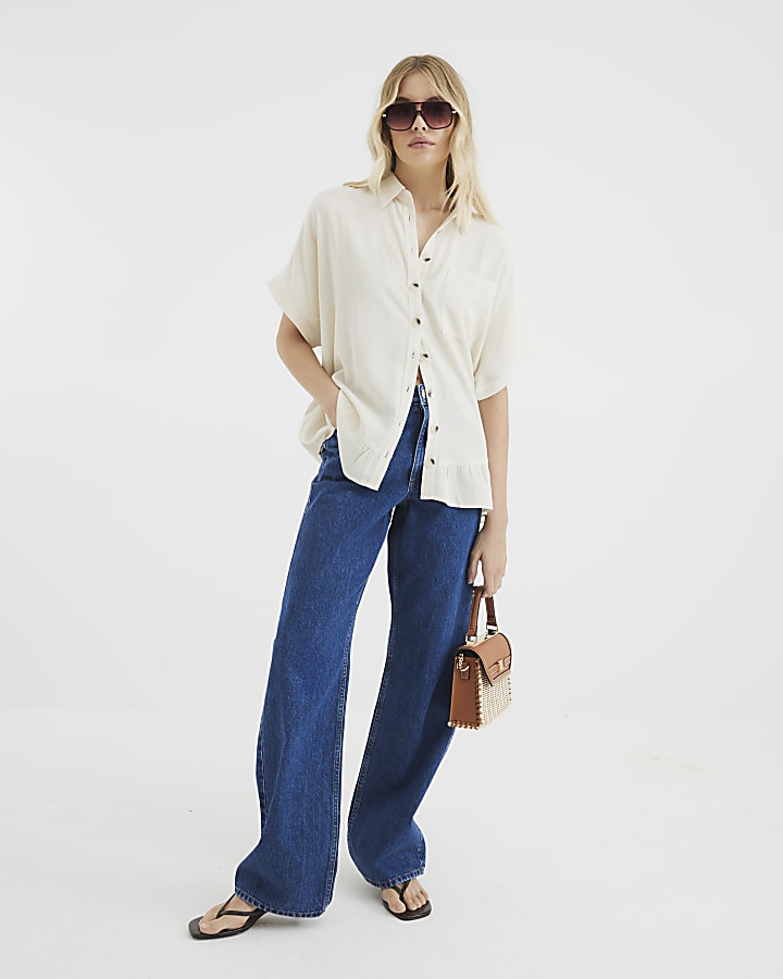 Stone Linen Blend Frill Hem Shirt