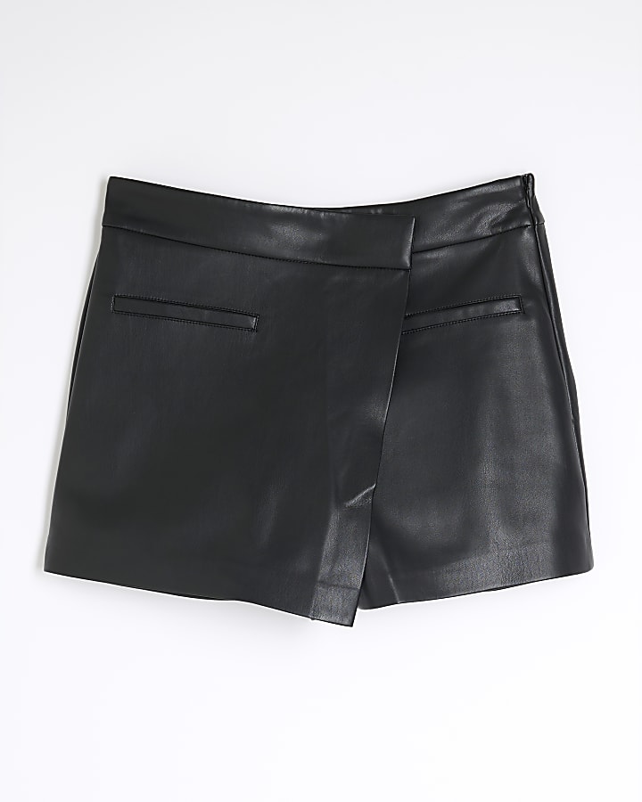 Black Faux Leather Wrap Skort