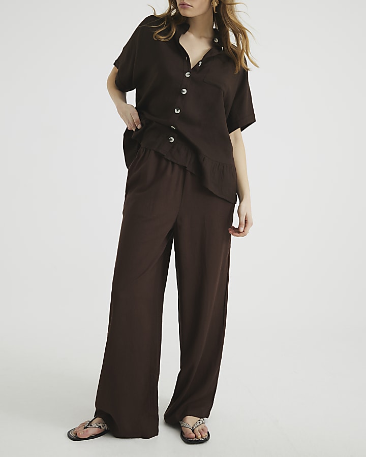 Brown Linen Blend Wide Leg Trousers