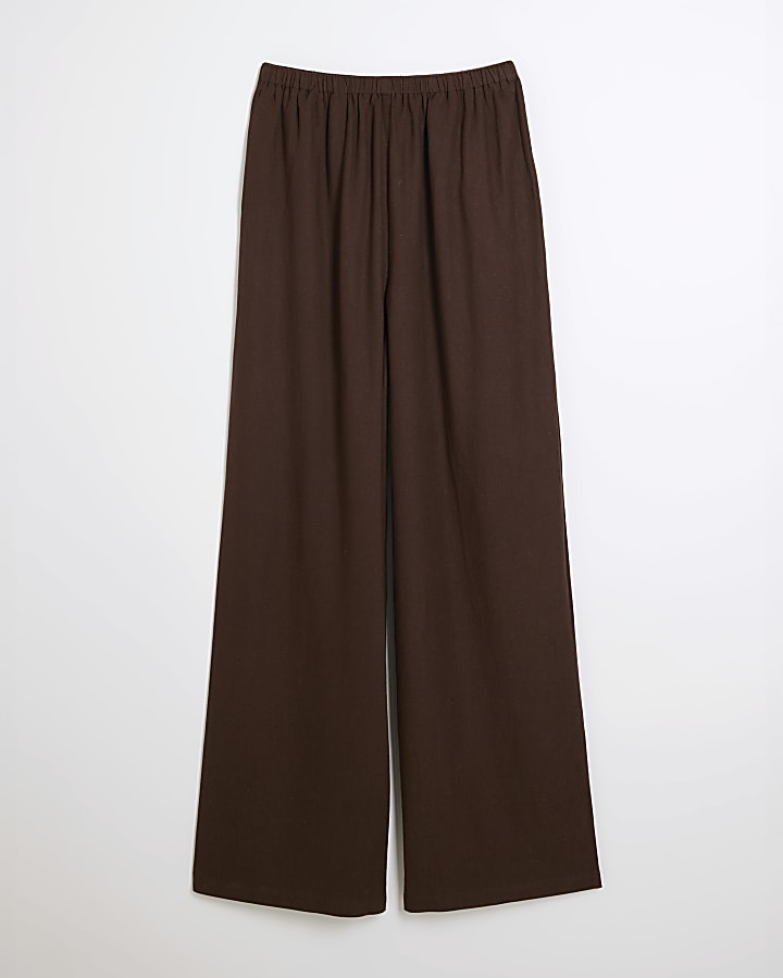 Brown Linen Blend Wide Leg Trousers