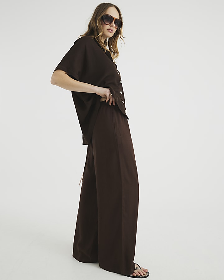 Brown Linen Blend Wide Leg Trousers