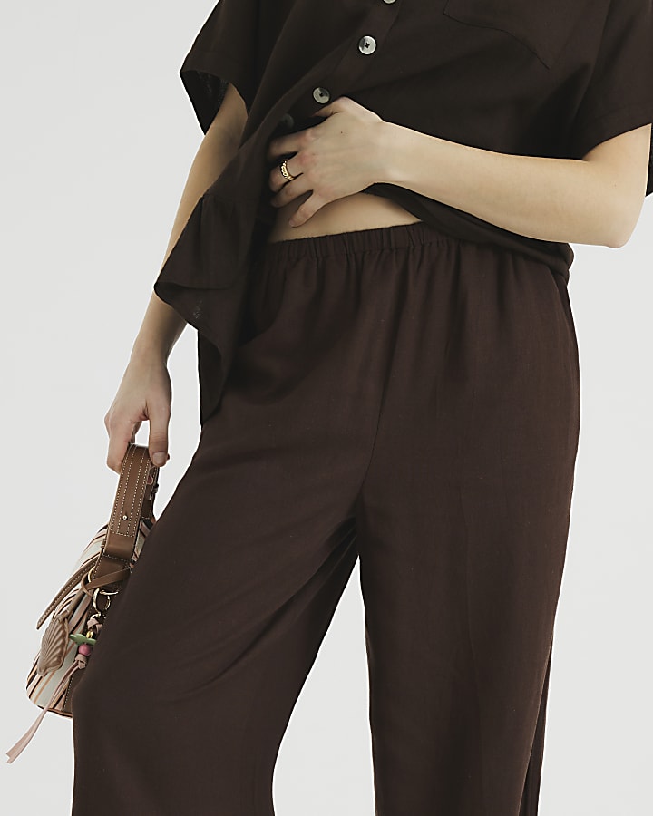 Brown Linen Blend Wide Leg Trousers