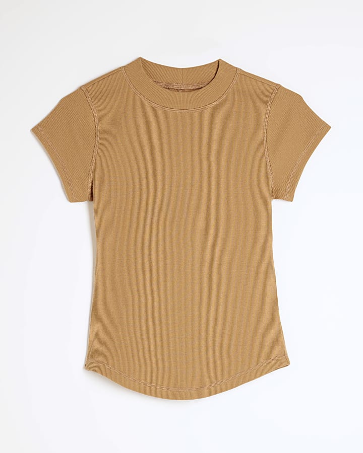 Brown Cap Sleeve High Neck T-Shirt