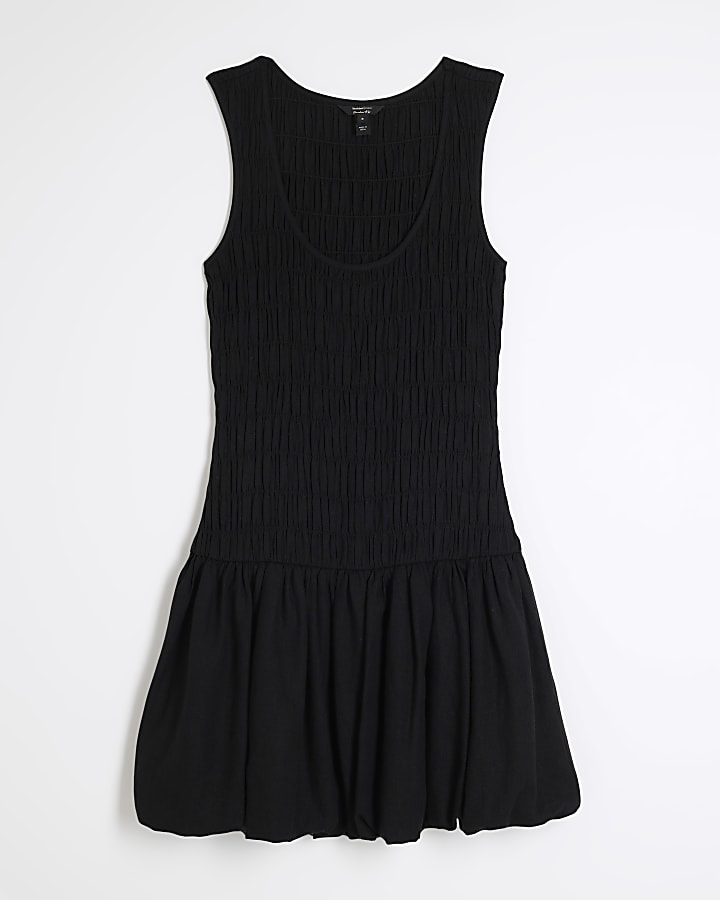 Black Linen Bubble Hem Shirred Mini Dress