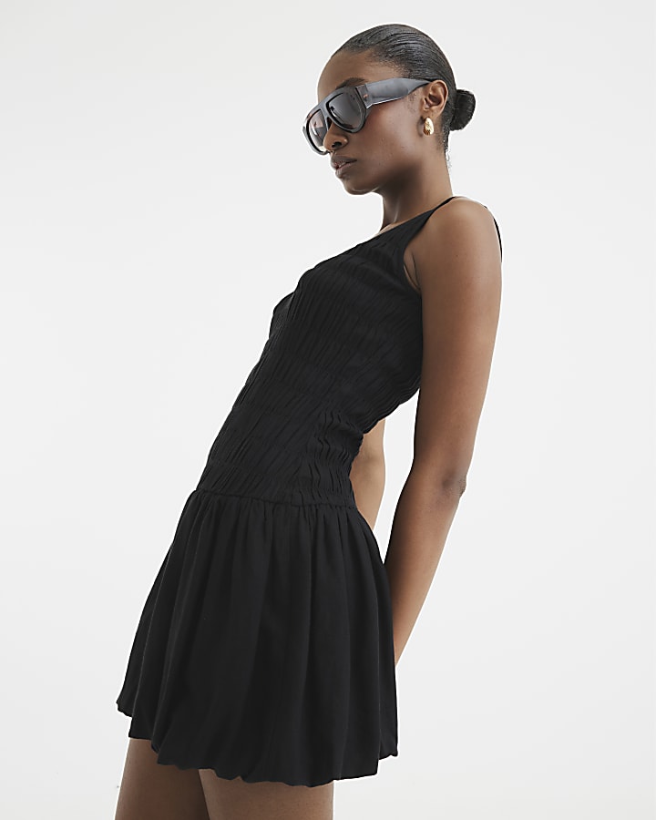 Black Linen Bubble Hem Shirred Mini Dress